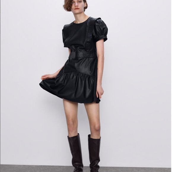 zara leather puff sleeve dress Zara + Faux Leather Mini Dress